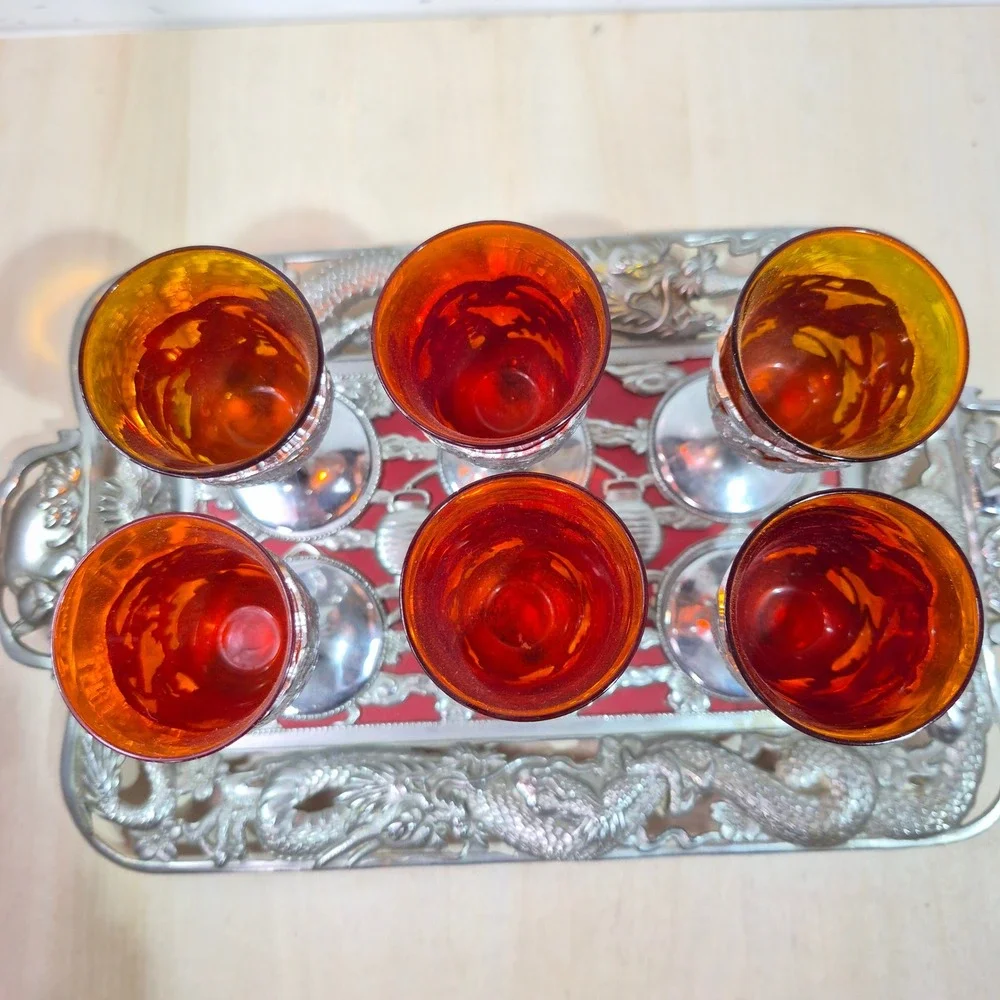 Vintage Japanese Sake Set 6 Red Dragon Cordial Glasses and Matching Serving Tray